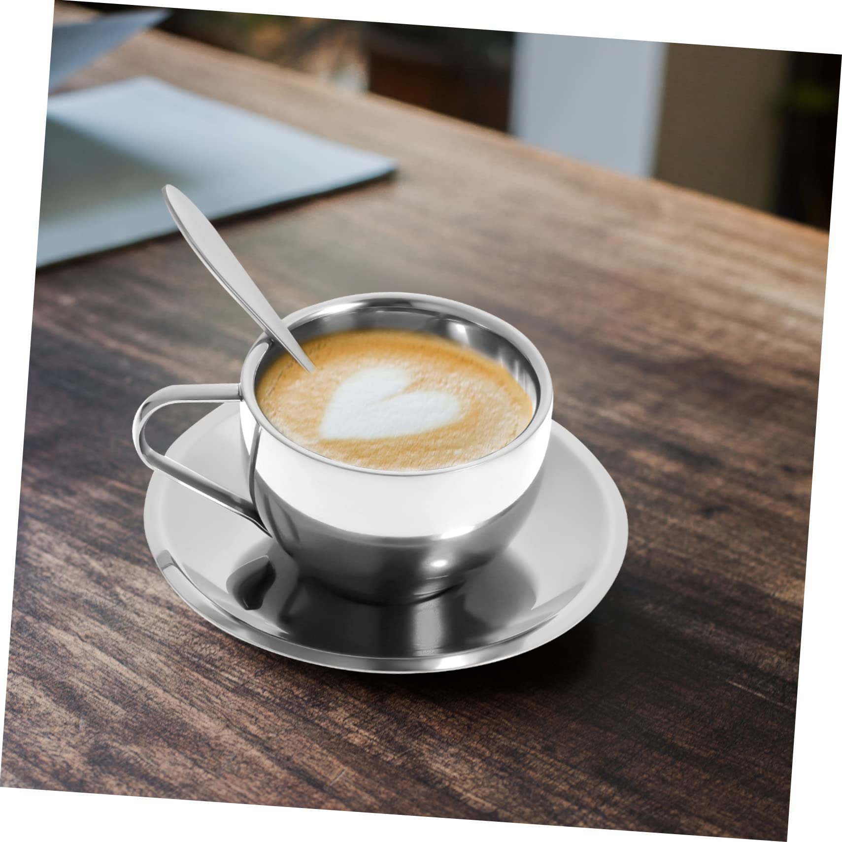 Set de 2 Tasses à Café en Acier Inoxydable 304 avec Soucoupe et Cuillère