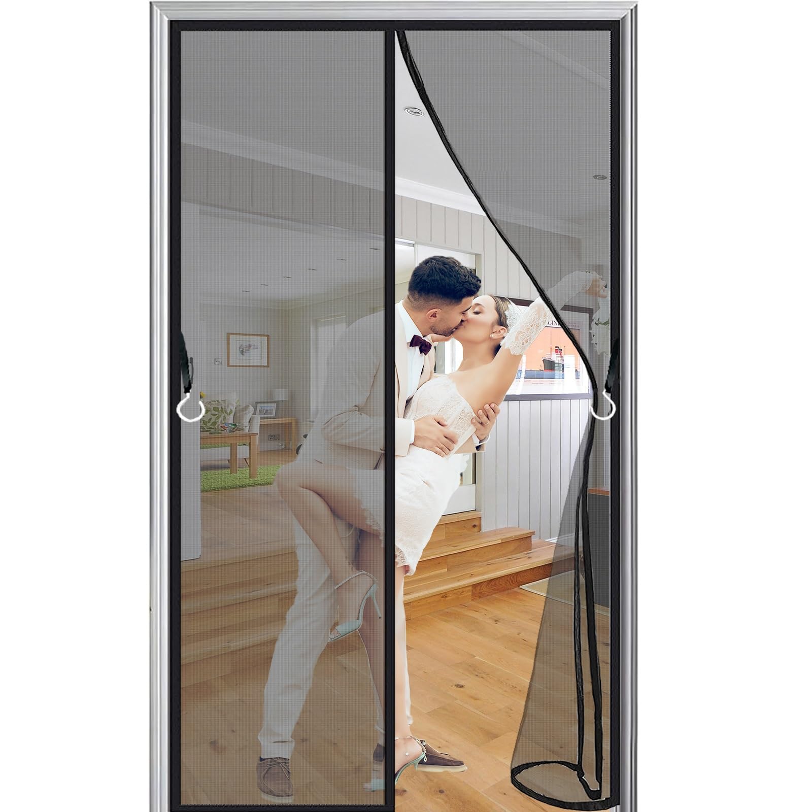 Magnetic Screen Door 85x200cm Heavy Duty Hands Free Mesh Anti Mosquito Mesh Curtain Hands Free Partition with Powerful Magnets Full Frame Magic Tape Black