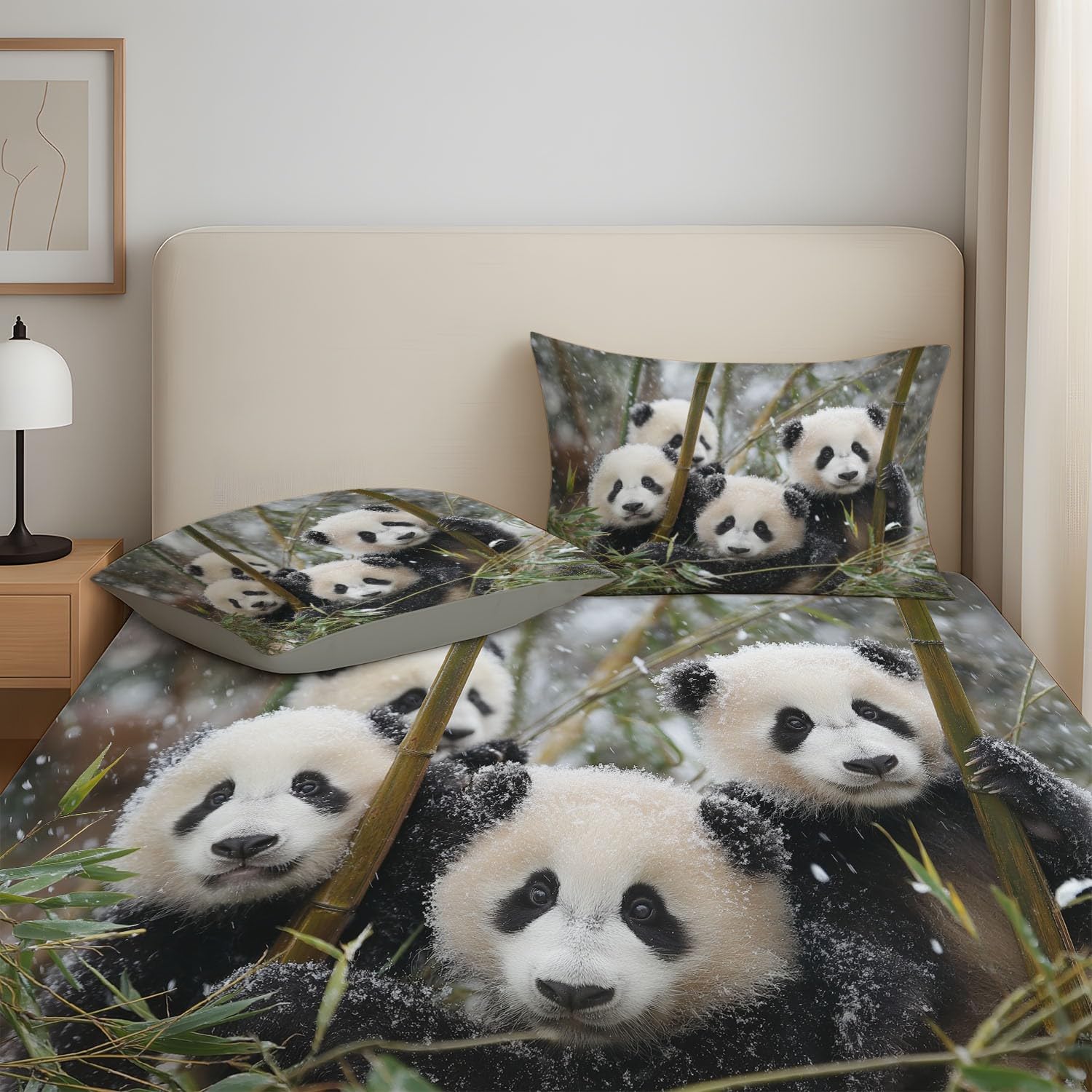 Kinderzimmer Spannbettlaken 200 x 200 cm - Mikrofaser Baby Panda, Schneeflocken, Frisch Bettwäsche-Set, Realistische Fotografie, Harmonie with 30 cm Tiefe Tasche Bettlaken
