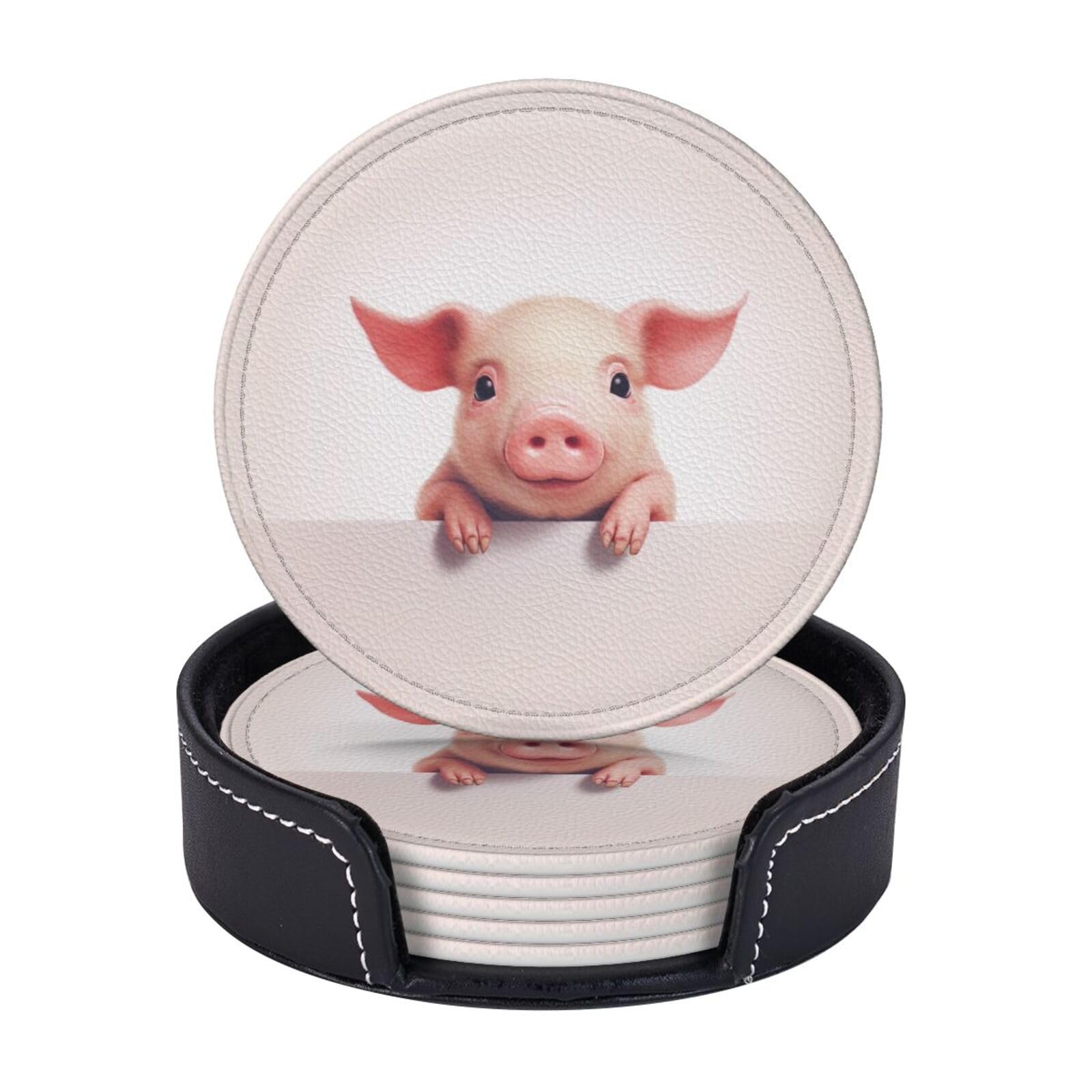Coasters Set of 6 Microfiber PU leather Coasters with Holders for Drinks Coffee Bar Accessories, House Apartment Coffee Table Decor, Housewarming Gifts - Cute Pig