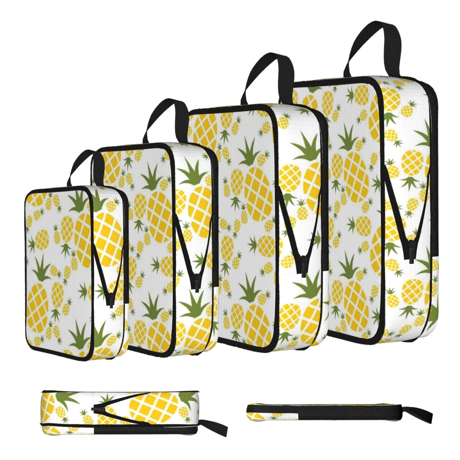 Pineapple Print Compression Packing Cubes 4-Piece Set With Multi- Compartment Travel Bag, Waterproof Suitcase Organiser Bags