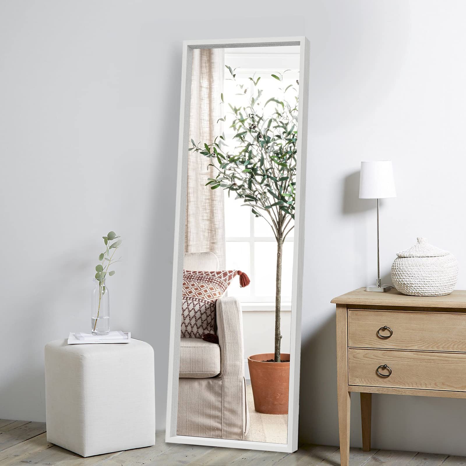 Natsukage 59"x20"Full Length Mirror Floor Mirror with Stand Wall Mirror Full Length Body Mirror Standing Hanging or Leaning Against Wall Dressing Mirror for Bedroom White MDF Frame