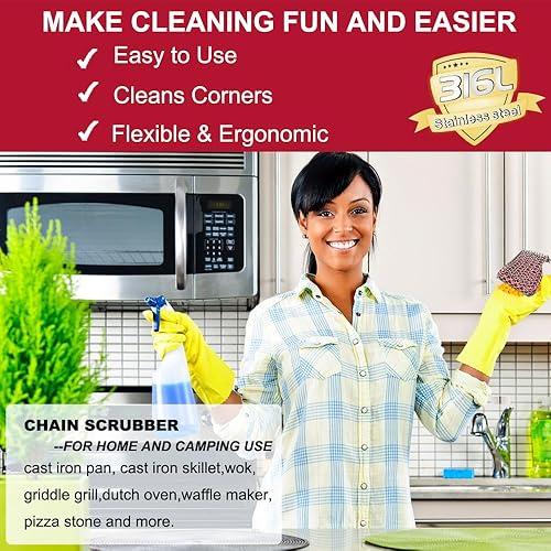 Miniatura 3 de Depurador de malla de hierro fundido con inserto de silicona roja, fácil de agarrar, limpiador de sartén de hierro fundido -Esponja de metal de