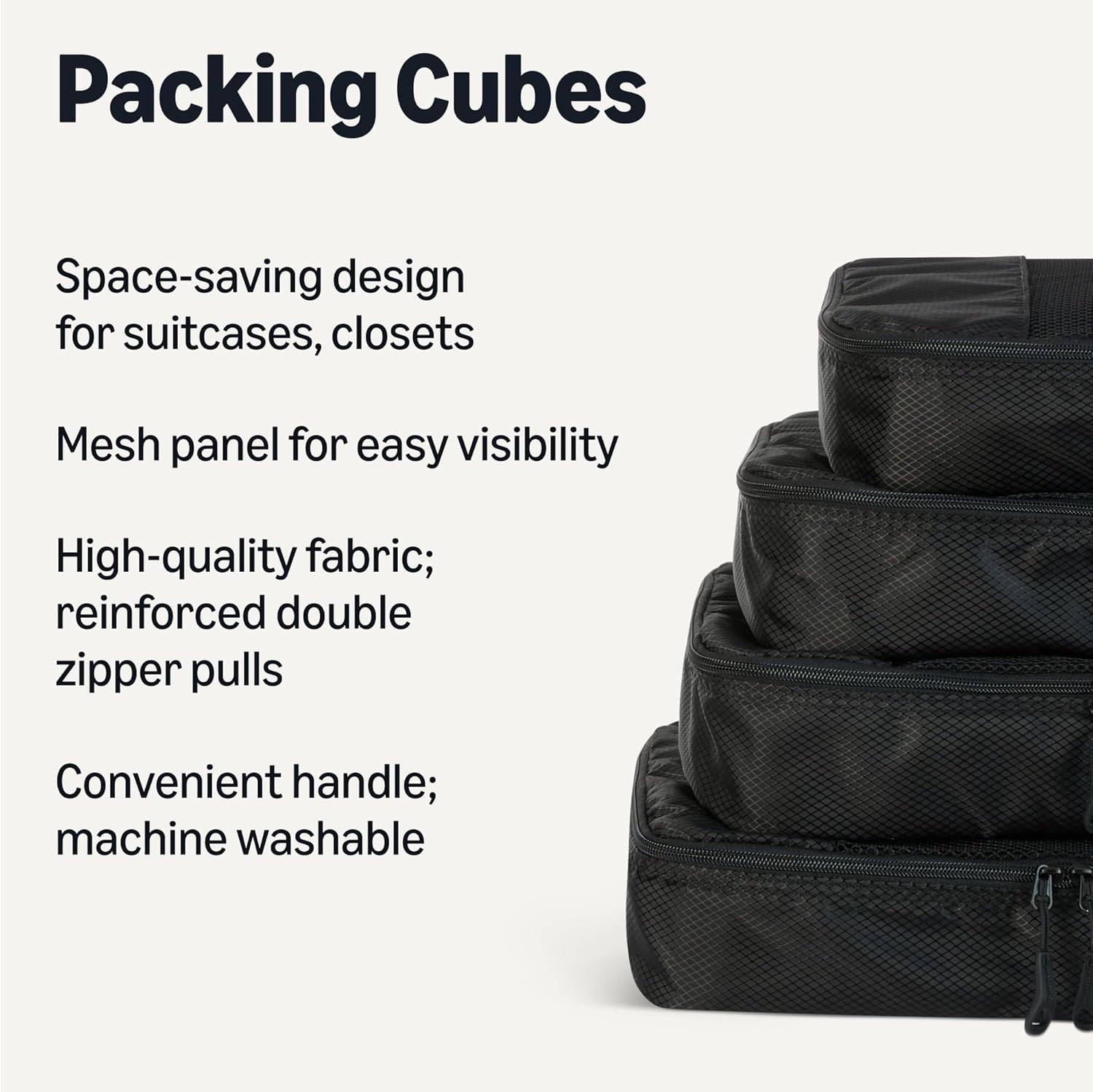 Amazon Essentials 4-Piece Packing Cubes Travel Accessories Set, Luggage Organizer with Double Zipper, Mesh Top, 100% Polyester, Medium, Black (Previously Amazon Basics) - Image 2