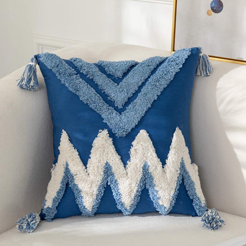 Throw Pillow Covers, Boho Modern Tribal Decoration Blue Tufted Fringe Tassel Couch Cushion Case for Bedroom Living Room Sofa Car (18x18 inch)