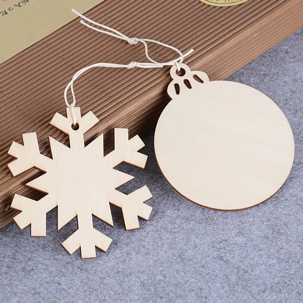 Image secondaire de 40pcs Embellissements en Bois Noël à Suspendre Ornements de Pendentifs en Forme Flocon de Neige Rond Boule Tranches de Bois Arti