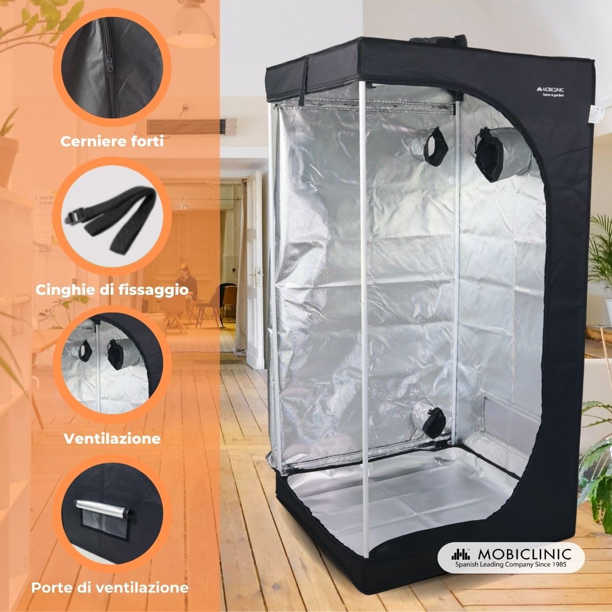 Mobiclinic®, Tenda per coltivazione indoor, Growbox, Premium mylar 97% reflective, Idroponica, Impermeabile, Fondo rimovibile, Tessuto di nylon spesso, Struttura robusta, Grow tent