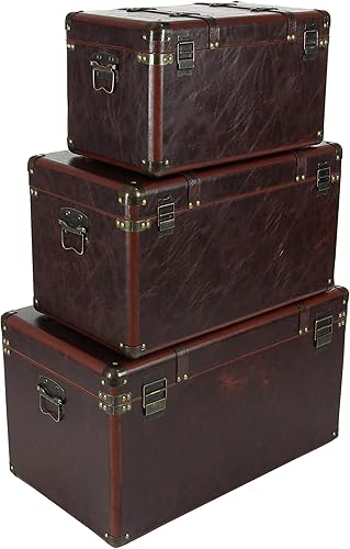 Miniatura 5 de Deco 79 Tronco tapizado de cuero con detalles y tachuelas vintage, juego de 3 de 19 pulgadas, 24 pulgadas, 27 pulgadas de ancho, marrón