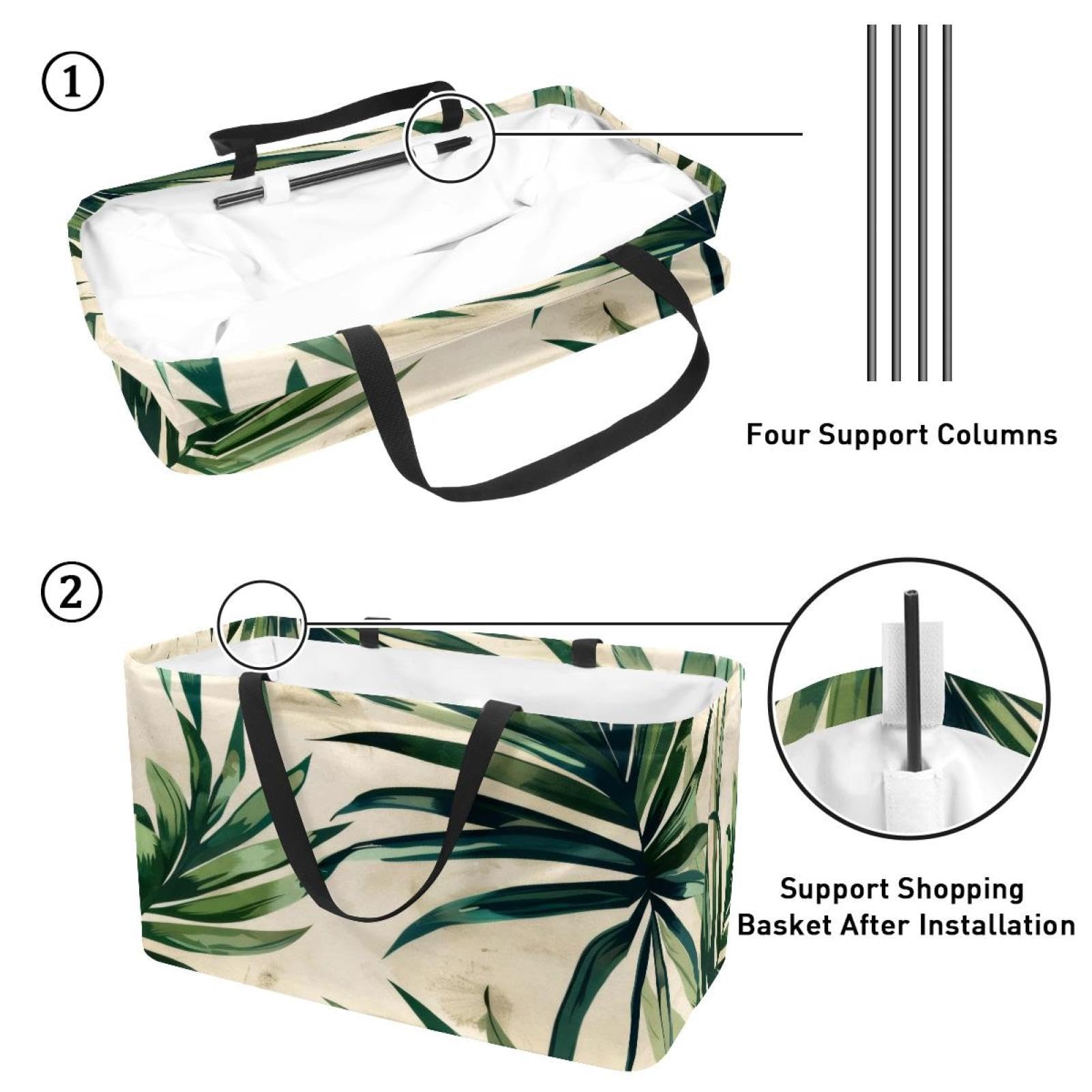 Sacs à provisions réutilisables avec motif feuilles vertes et beiges - Grand sac de courses pliable et lavable pour la plage, le pique-nique, le camping, multicolore, 22.0x12.6x11.4 in/56x29x32 cm