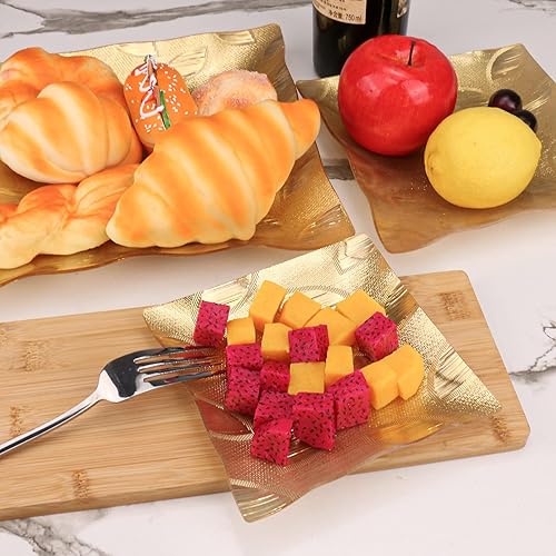 Miniatura 3 de Bandeja cuadrada de plástico con hojas doradas, bandeja decorativa para alimentos, bandeja resistente para festivales y té de la tarde (paquete de 3)