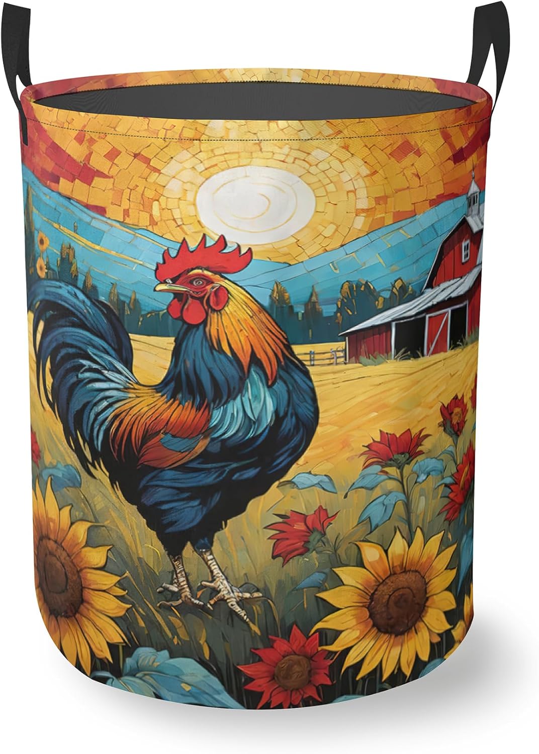 Laundry Basket With Handle, Dirty Clothes Laundry Hamper, Oxford Cloth Bin Storage Organizer for Toy Collection (Vintage Rooster)
