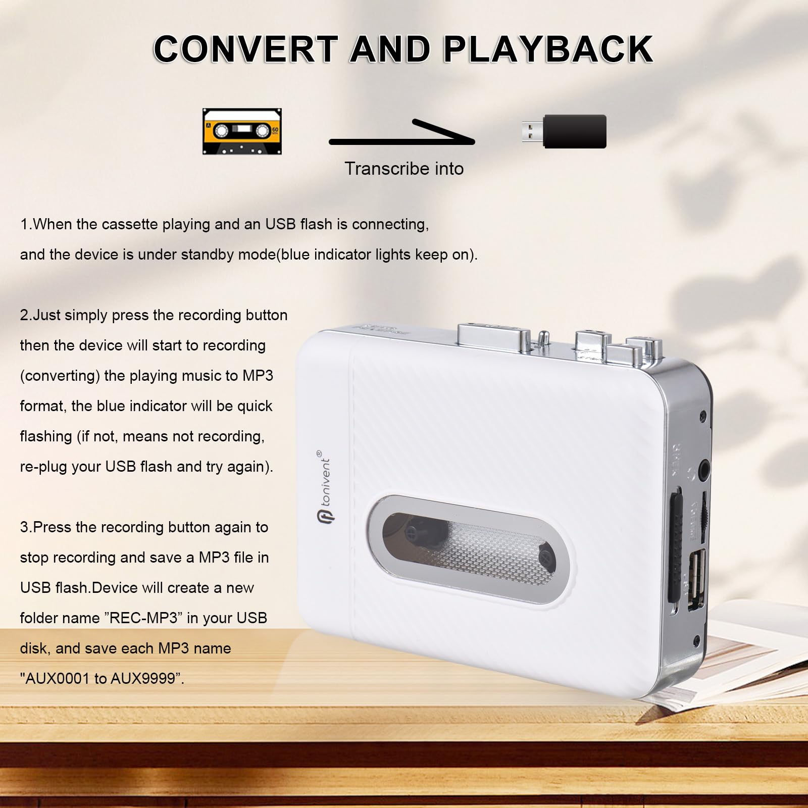 Tonivent Kassettenband-Konverter zu MP3, Kassettenspieler zu MP3-Karte, U-Disk-Bandrekorder auf MP3-Player, Kassettenspieler, Audio-Band-Konverter