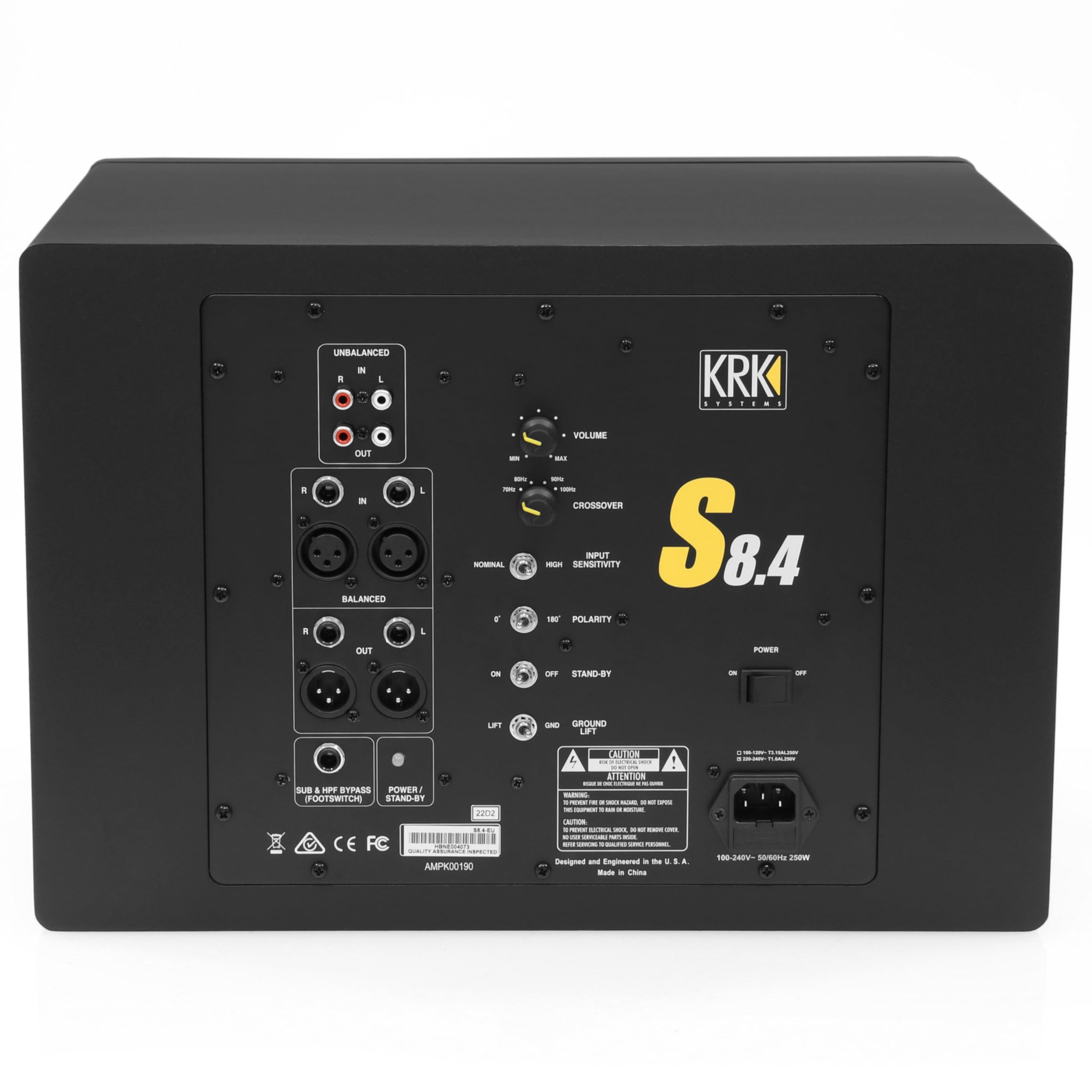 Caisson de Basses Actif KRK S8.4 – Subwoofer Actif, SPL Max 113 DB, 109W Puissance, Contrôles Multiples, Bypass Footswitch, Crossover 4 Positions, Entrées et Sorties Polyvalentes