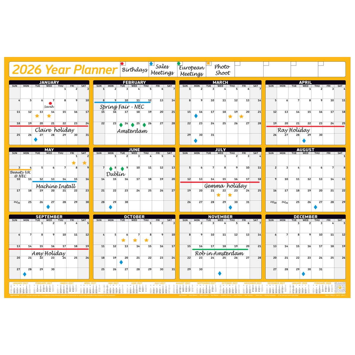PlannerHead 2026 Grid Style Unmounted & Unlaminated Wall Planner Calendar Chart Poster 12 Months/Yearly Calendar 2026/2027 Footnote/Flexible for Any Country/Orange Gigantic (90x135cm)