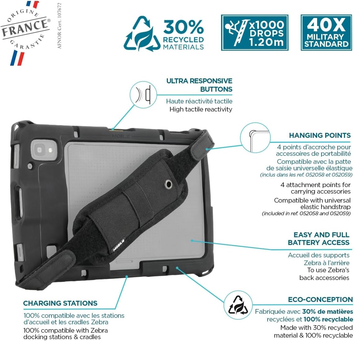 MOBILIS Rugged Case for Zebra ET40 - ET45 Enterprise Tablets with Handstrap, Military Grade Shockproof, Protective Cover Compatible with Zebra Accessories, Recycled Materials (10")
