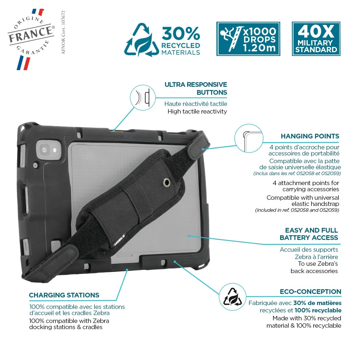 MOBILIS Custodia Robusta per Tablet Zebra ET40 ET45 8" con Impugnatura Anticaduta, Antiurto di Livello Militare, Copertura Protettiva Compatibile con gli Accessori Zebra, Materiali Riciclati, Nero
