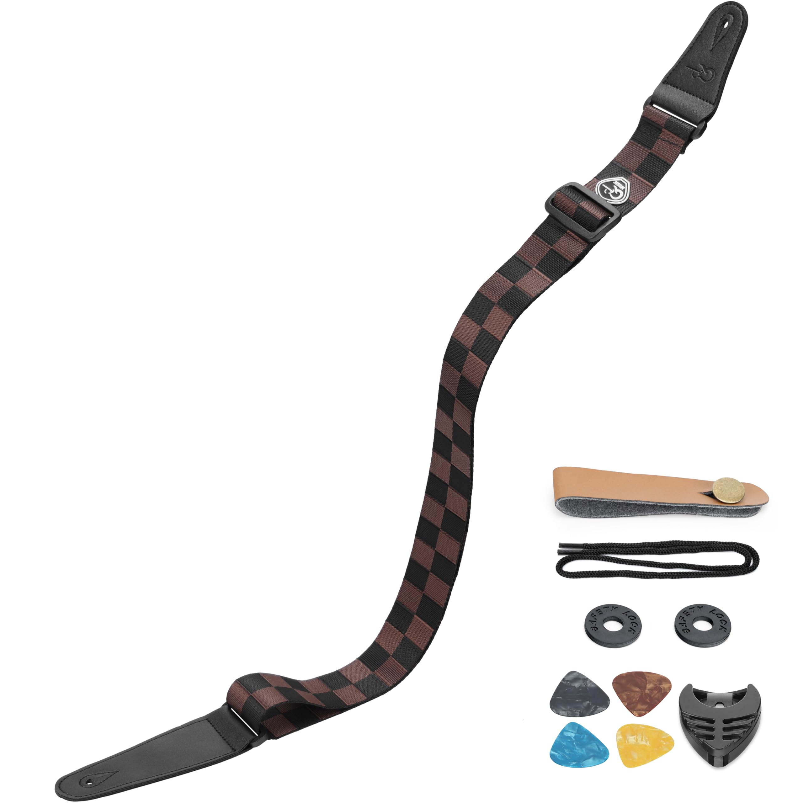 Sunya Sangle de guitare en nylon, 5 cm de large avec embouts en cuir, comprend des verrous de sangle en caoutchouc et des médiators, pour guitares acoustiques, électriques