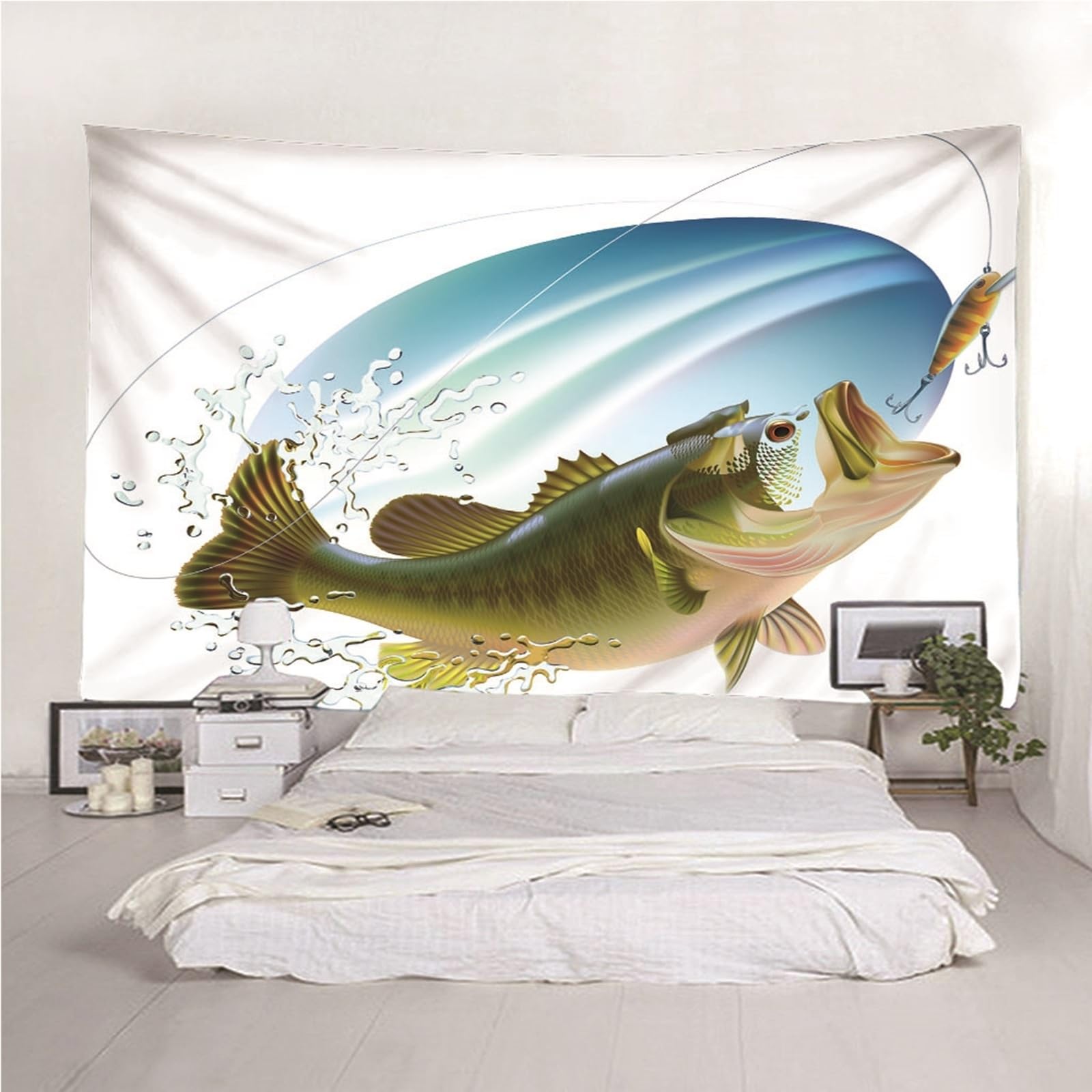 Lieson Arazzo Decorativo, Arazzi da Parete Indiano 260x240CM Pesca Tappeto Muro Camera da Appendere Alla Parete Per Decorazione Della Casa, Bianco Verde