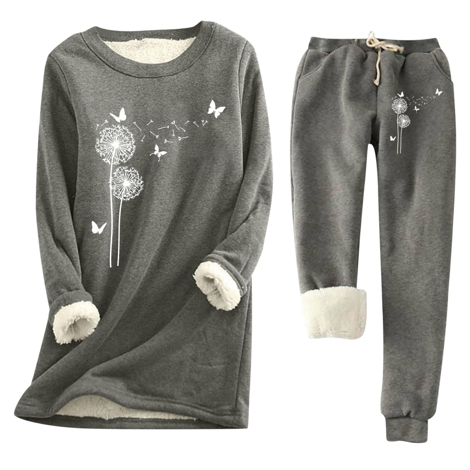 Generisch Pigiama da donna in pile con stampa, set di due pezzi, con pantaloni per il sonno, invernale, termico, morbido, loungewear da jogging, tuta sportiva, pantaloni casual, 2 pezzi
