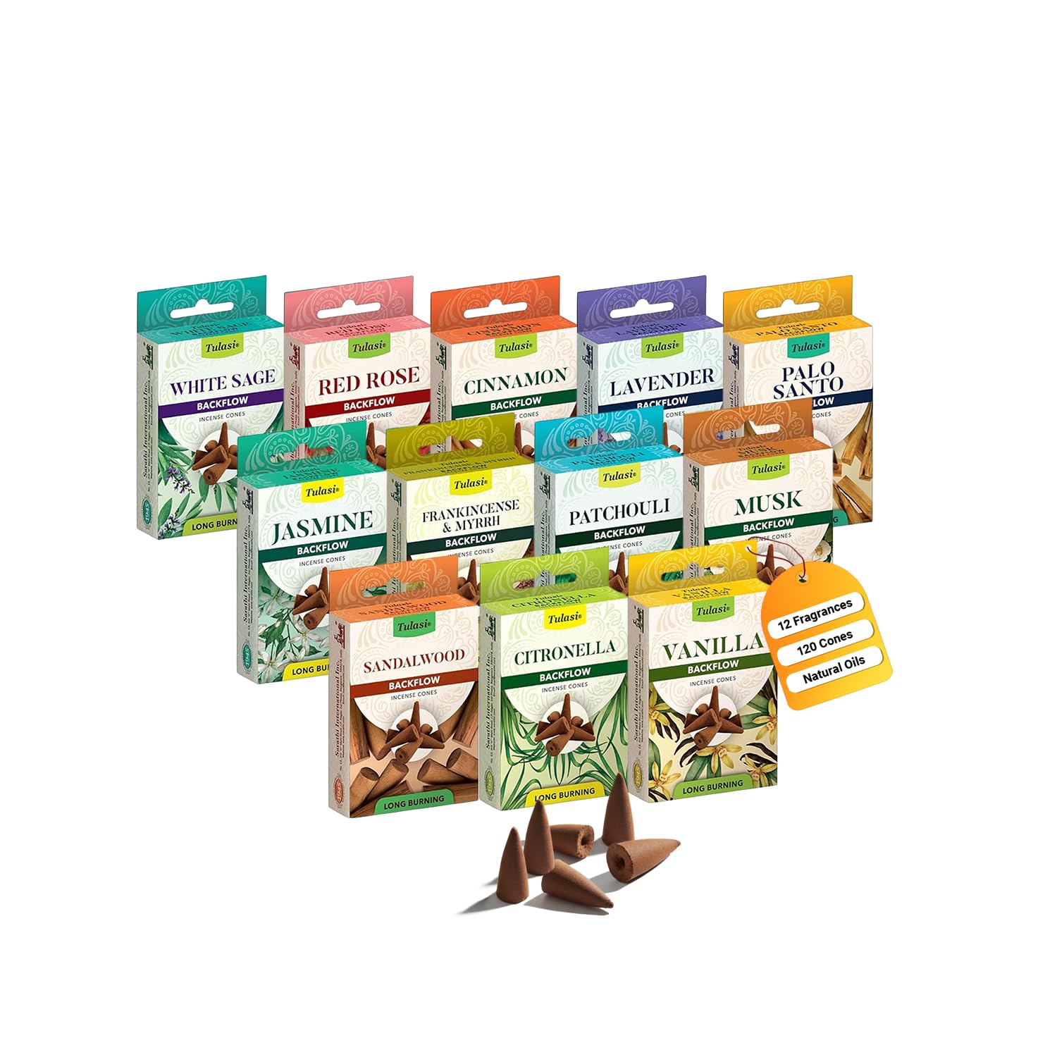 Tulasi Backflow Incense Cones with Natural Oils, Scents Set of 12 Fragrances (120 Cones) Calming Home Aromatherapy, Yoga, Meditation, Relaxing, Mixed Scents with Natural Oils, Thanks Giving