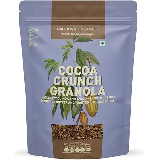 Nourish Organics Cocoa Crunch Granola, 270g | Healthy Breakfast Cereal with Whole Nuts | No Refined Sugar | Plant-Based, High-Fiber Snack