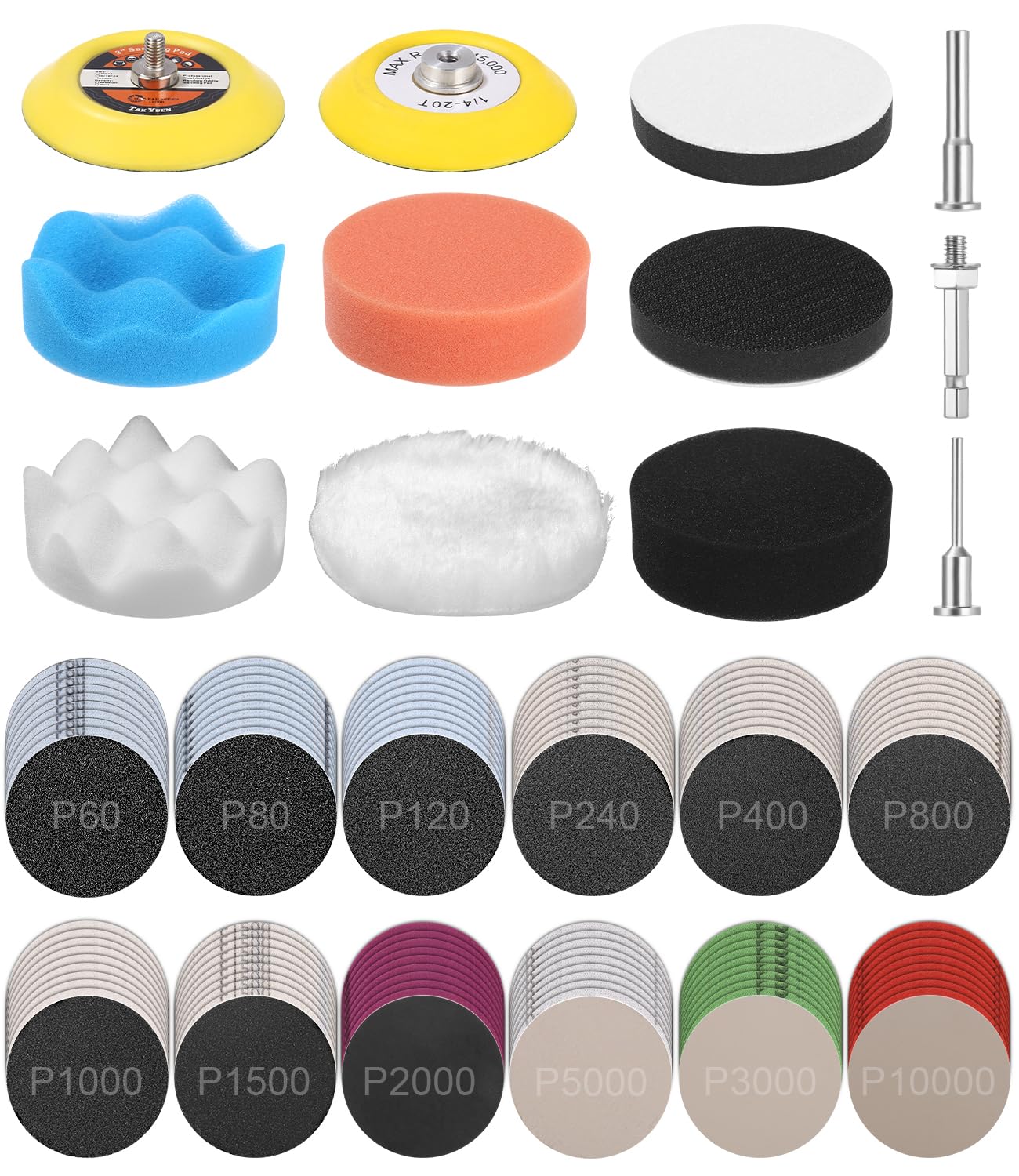 Kit de Pulido y Restauración de Faros de Coche 133 Piezas con Discos de Lijado 75mm para Taladro, Incluye Barniz Protector y Lijas Húmedas/Secas (60-10000 Granos)