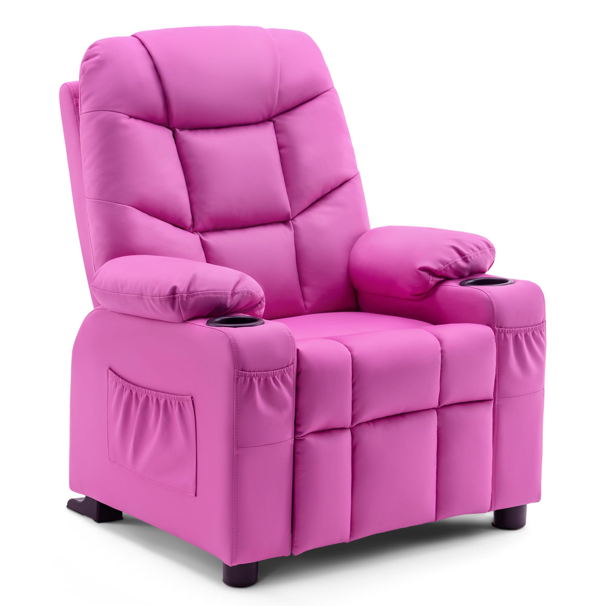 MCombo Big Kids Recliner for Ages 3+, Child Reclining Chair, Toddlers Recliner Sofa with Cup Holders (Faux Leather, Pink)