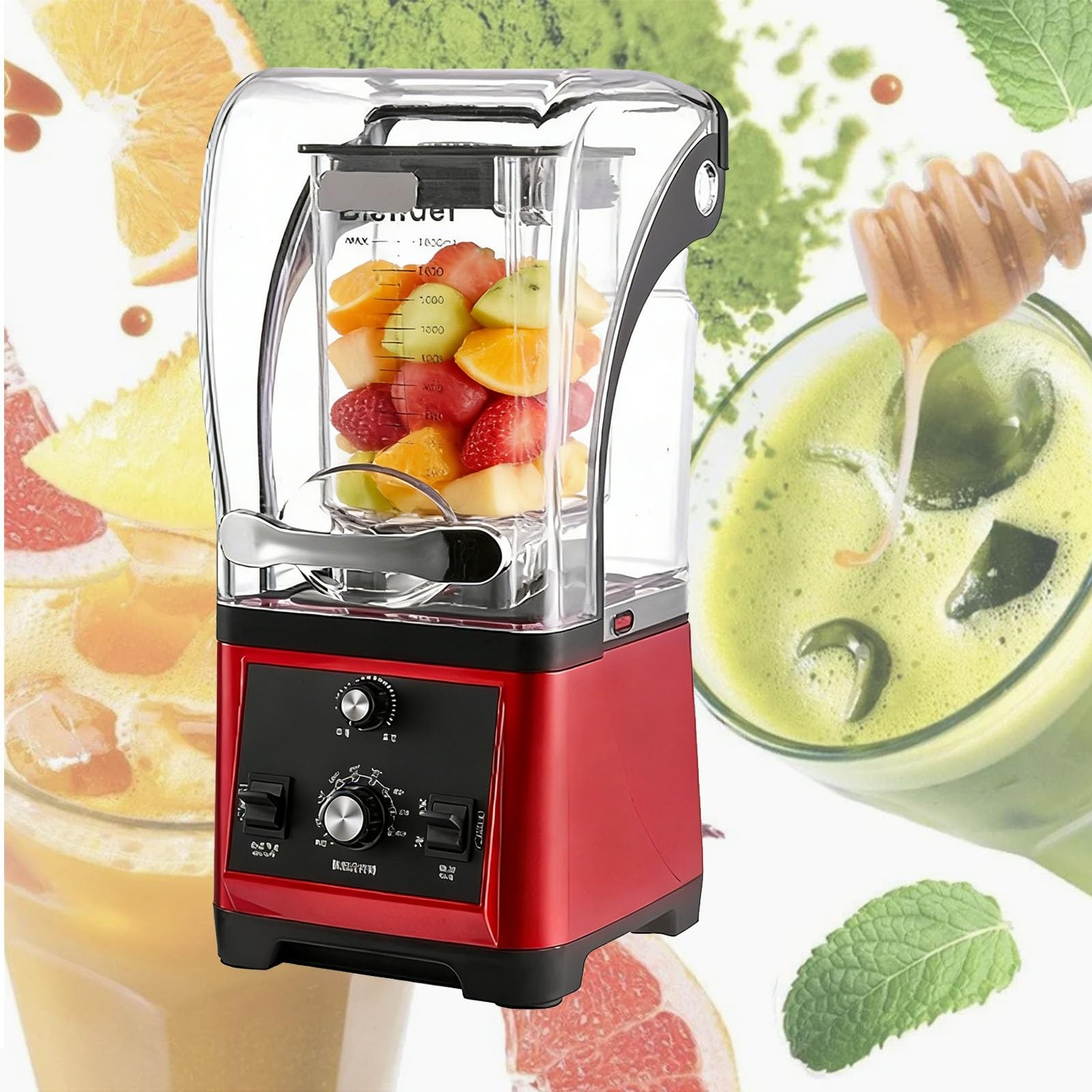 Profesjonalny, elektryczny robot kuchenny, blender do smoothie/odżywek proteinowych, cichy robot do smoothie z pokrywką, odpowiedni do soków i koktajli.(Red)