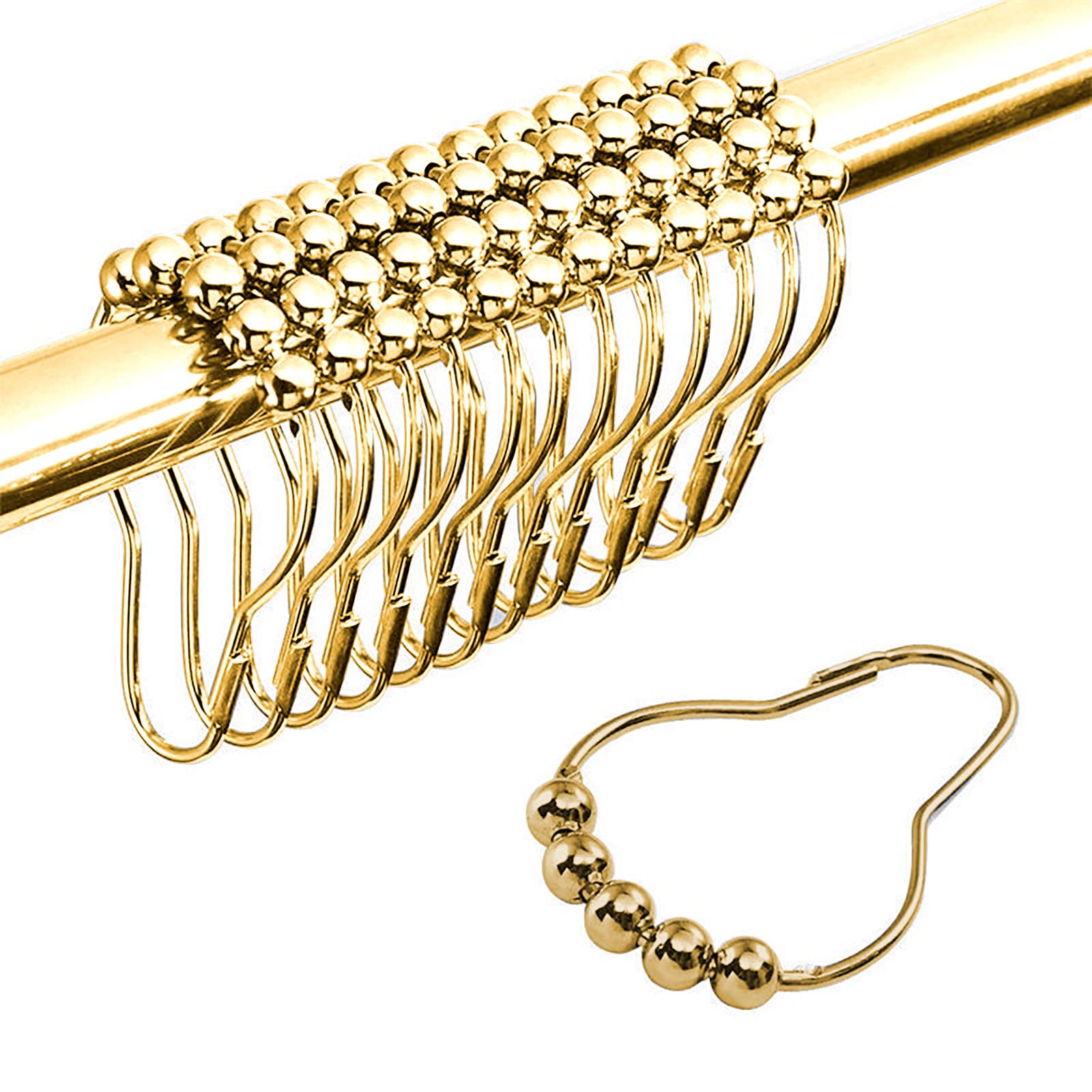 12 Pieces Shower Curtain Rings,Shower Curtain Hooks Rings .Rolling Balls Rust Proof Shower Rings for Curtain Accessories and Bathroom Shower Rod,Polished Nickel (Gold)