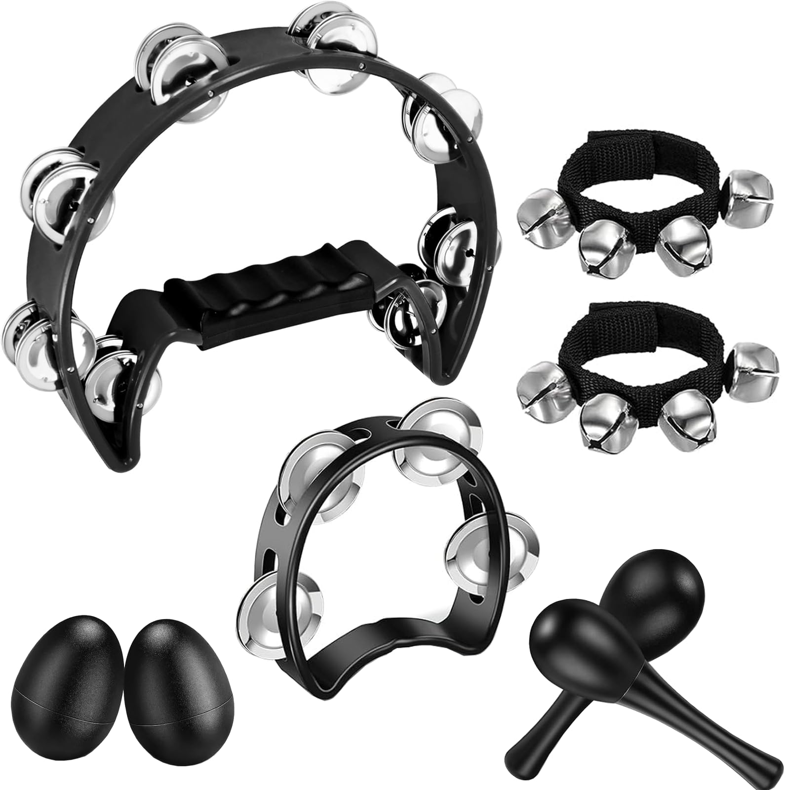 8 Pcs Tambourines for Adults Metal Jingles Hand Held Percussion Half Moon Tambourine 4 Bells Tambourine Wrist Bells