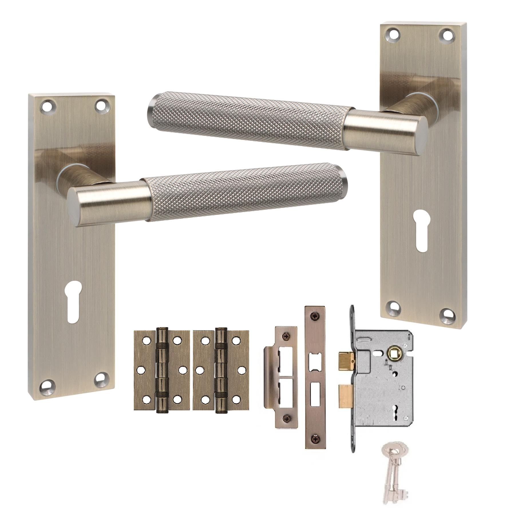 Golden Grace Victorian Knurled T-Bar Lock Door Handle 3 Lever Lock Antique Brass Finish 150mm Long and Hinges