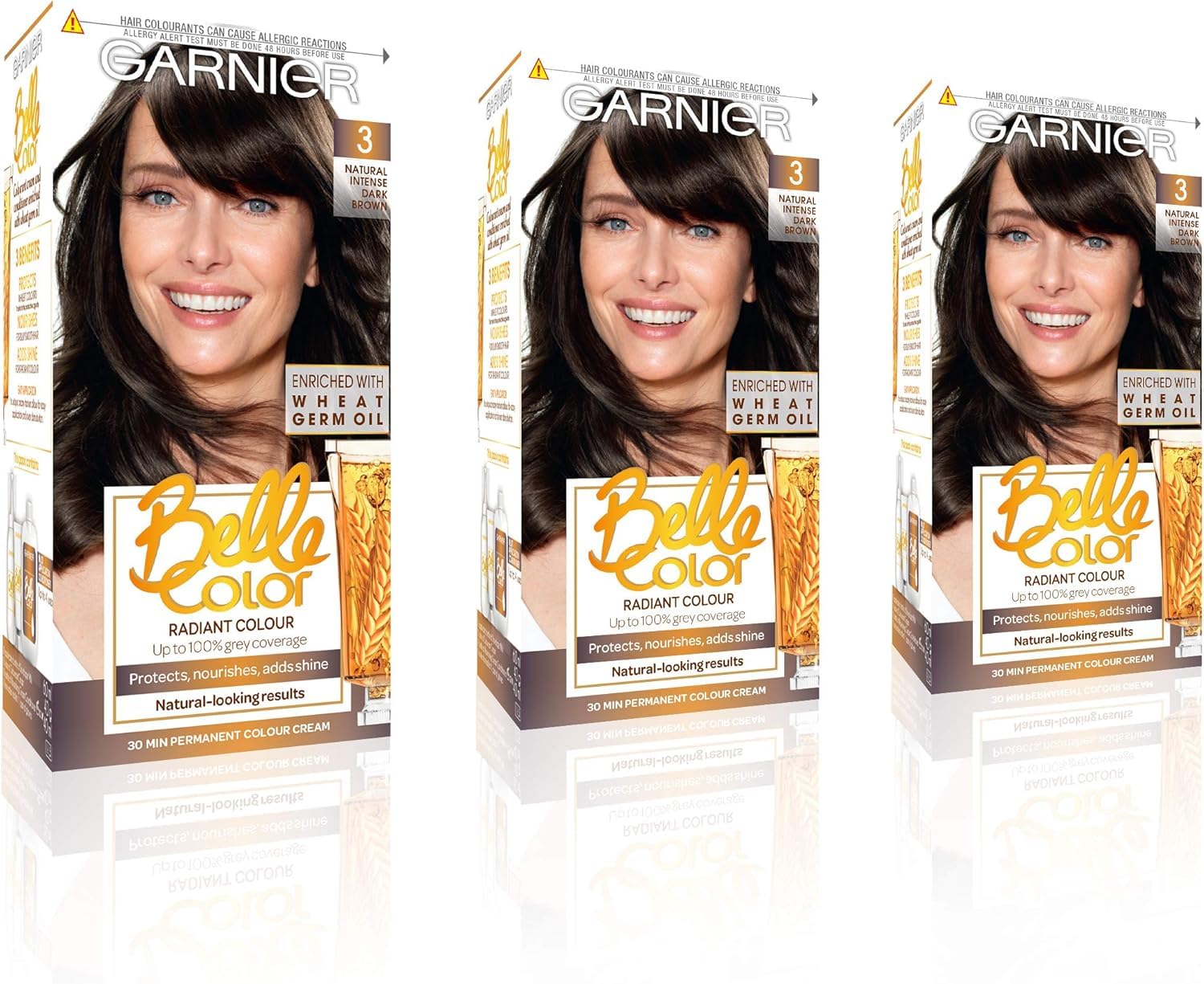 Garnier Belle Color Brown Hair Dye Permanent, Natural Looking Hair Colour, Up To 100 Percent Grey Coverage, 3.0 natural dark chestnut, 1 Count, Pack Of 3, Packaging May Vary