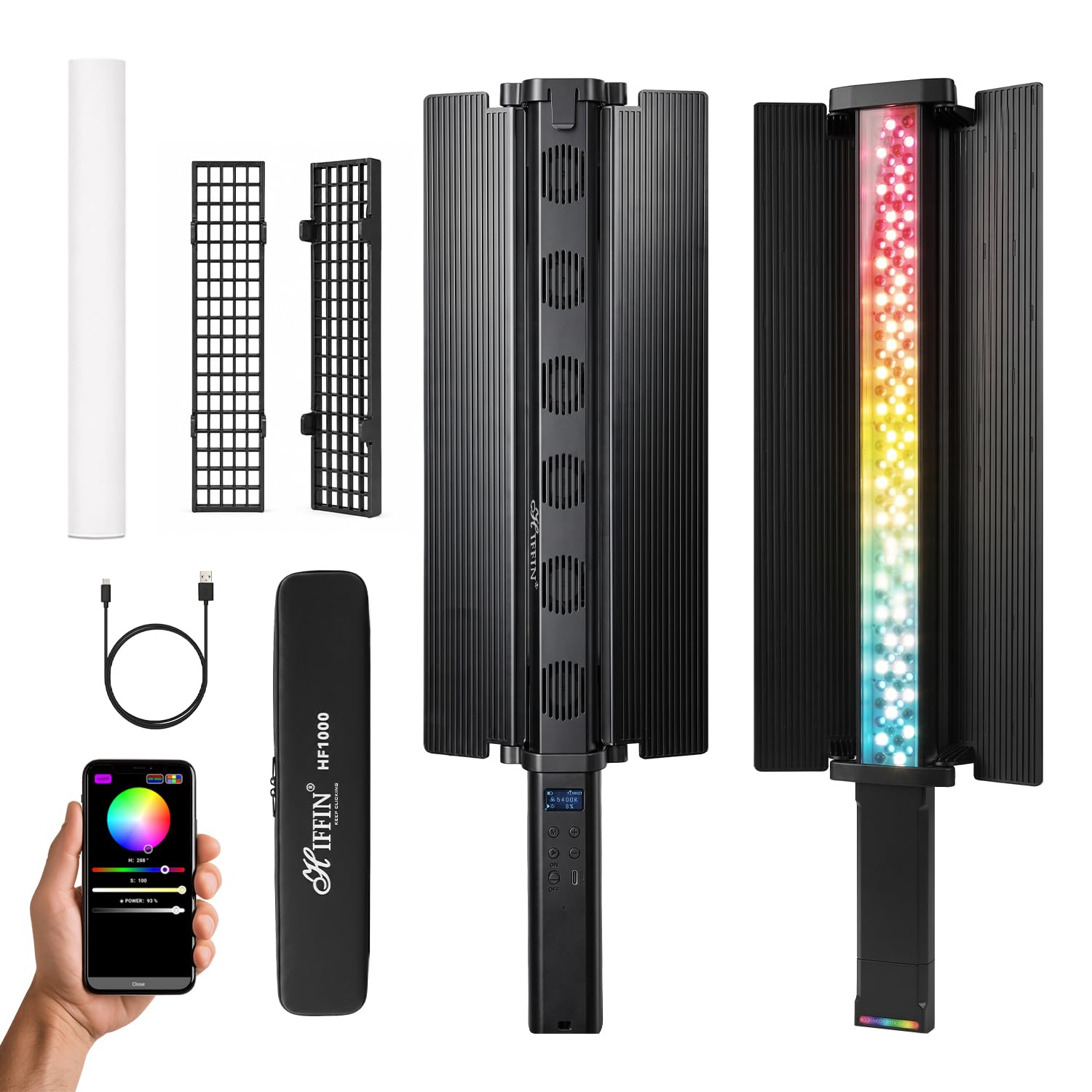 HIFFIN HF-1000 60W RGB LED Stick Light with Grid & Soft Diffuser, 2500K-9900K Adjustable CCT, CRI95+, 24 Effects, 18700Lux@0.5m, App Control, 5200mAh Battery for Photo Video Shooting Use for Creators-picture-24