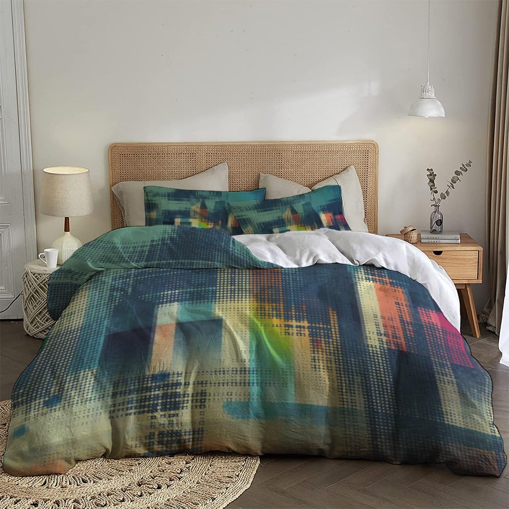 NIBAINLO 布団カバー抽象的な都市景観のハーフトーンドット 肌に優しい ピーチスキン加工 掛け布団カバー 和式 洋式 あったか 布団カバーセット リバーシブル ホームステイ ホテル 家庭兼用