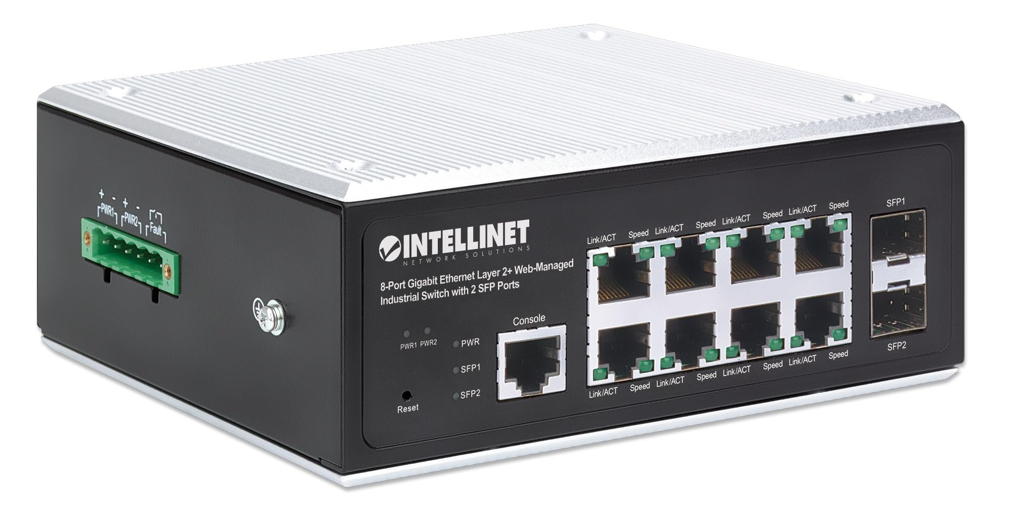 Intellinet 8-Port Industrial Gigabit Ethernet Layer 2+ Web-Managed Switch with 2 SFP Ports – IP40 Rated Metal Housing, Desktop DIN-Rail Mount in Harsh