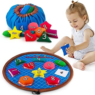 beetoy Sensory Bean Bags, 10 Plush Sensory Beanbags, Number Matching Game & Tossing Game for Autism, Sensory Toy for Toddlers with Shape & Color, Educational Sensory Activity Squeaker & Rattle Toy