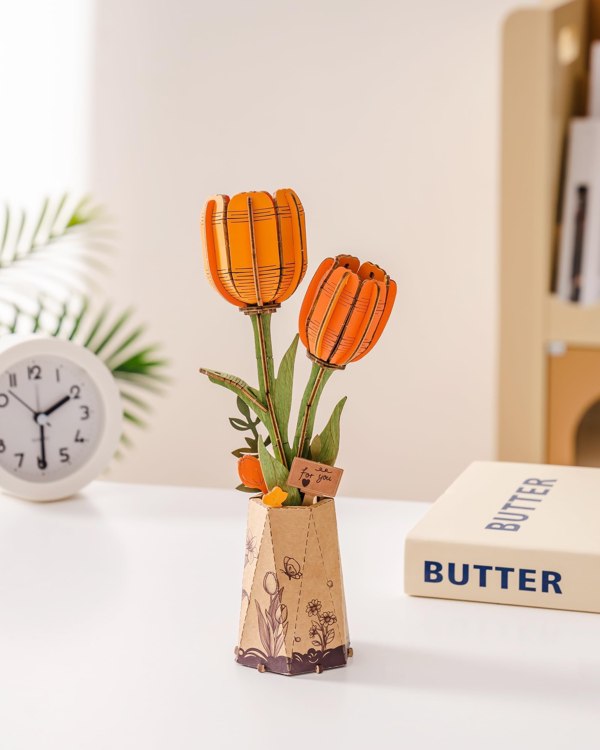 Robotime Flor Puzzles 3D Madera, Maquetas para Construir Adultos, Maqueta Madera, Regalos para Mujeres en el Día de San Valentín & Cumpleaños (Tulipane Naranja)