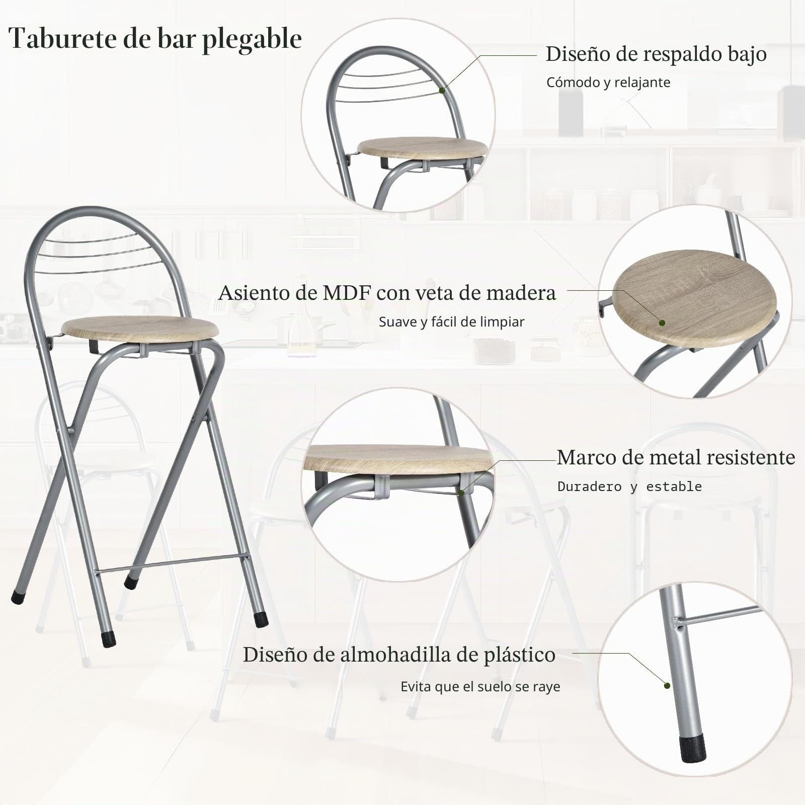 Taburete plegable para bar (2 unidades, taburete plegable, portátil, silla de bar plegable, con respaldo para cocina, terraza exterior, altura del asiento, 61 cm, roble y plata