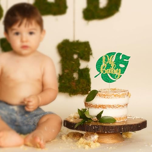 Miniatura 5 de Gyufise 1 pieza de decoración de pastel tropical dorado verde Oh Baby Cake Topper Jungle Safari Baby Shower Cake Decoración de hoja de Monstera niño