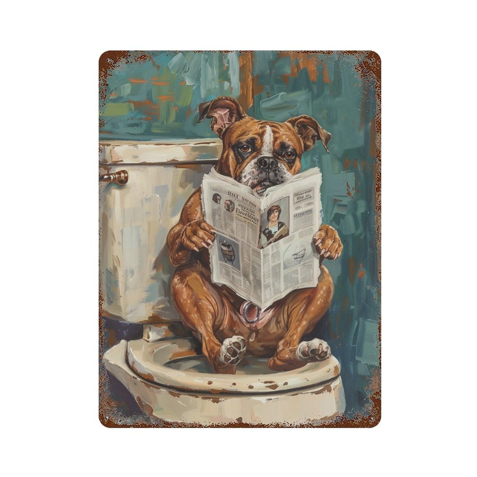 Decorative Tin Sign with Dog Reading Newspaper on Toilet-4 Design 15.7"x11.8", for Basement, Hobby Room And Garage Decor, Farmhouse Wall Decor