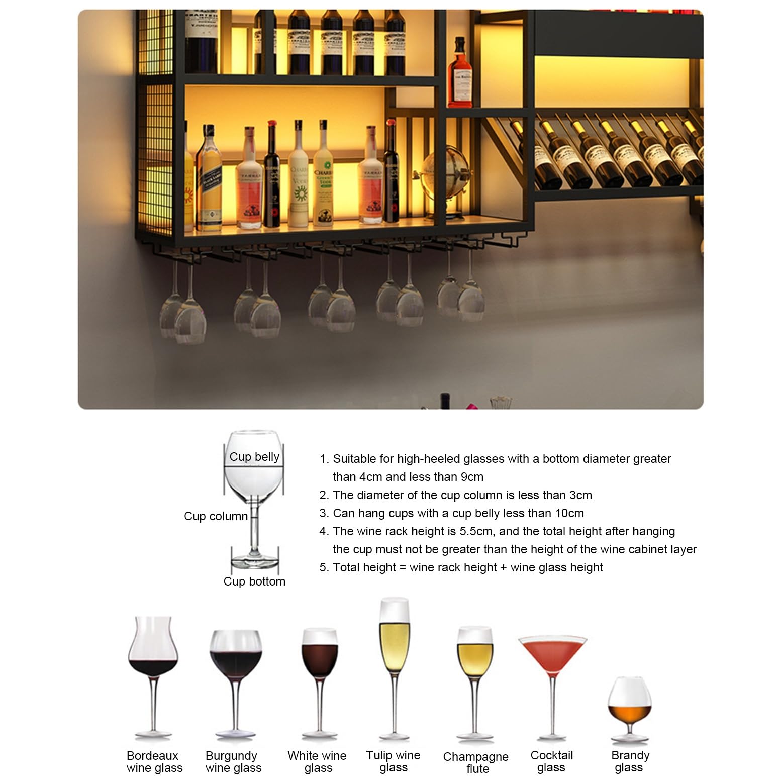Espositore per vino da parete in metallo moderno, Design Multi-Gancio Ripiani Bar, Mensola Per Vino Industriale Calice E Portabicchieri, per Casa Cucina Sala Da Pranzo Sbarra Decorazioni(250*20*120cm/