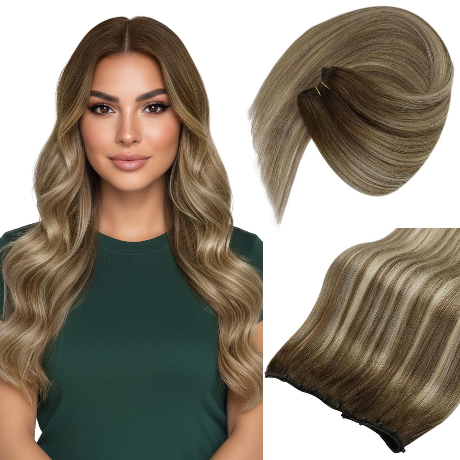 Sunny Hair Beaded Weft Hair Extensions Human Hair Ombre Micro Weft Extensions Real Human Hair Dark Brown Roots to Light Brown Balayage Blonde Hair