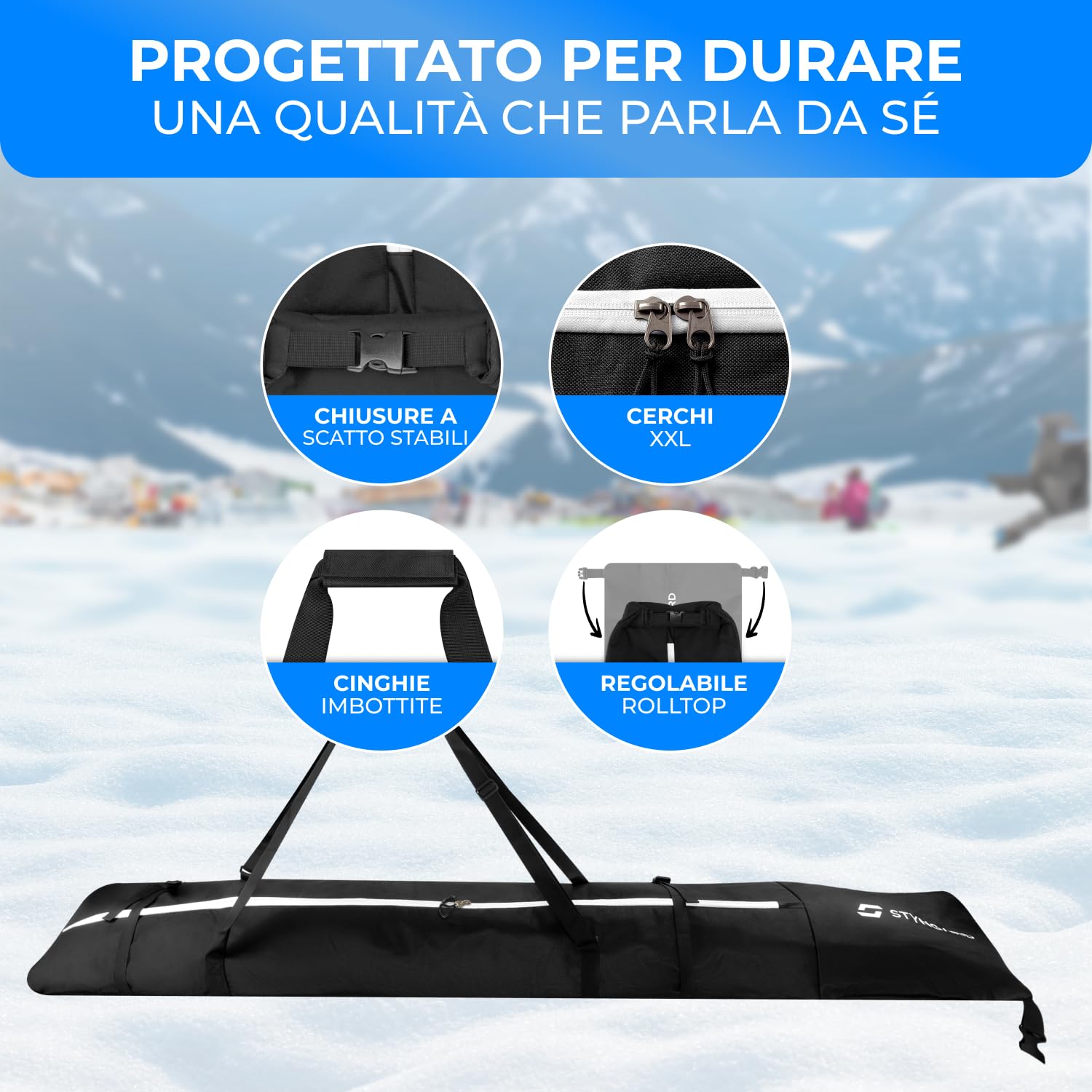 STYNGARD Sacca porta sci con chiusura a rotolo [140 cm - 200 cm] - Borsa sci in materiale resistente con cerniere di alta qualità - Modello Helsinki