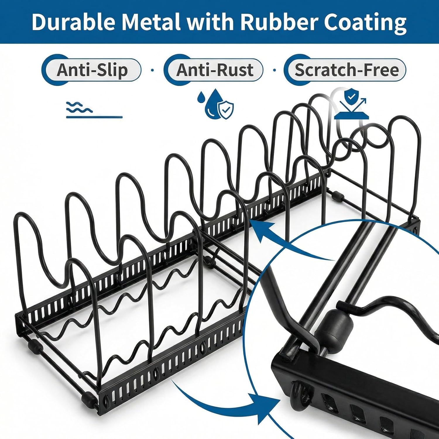 Expandable Pot Rack Organizer for Cabinet, Wave Slot Carbon Steel Pot & Pan Holder with 10 Adjustable Slots, Heavy Duty Cookware Storage for Pans, Lids, Bakeware, Countertop or Under Sink, Black