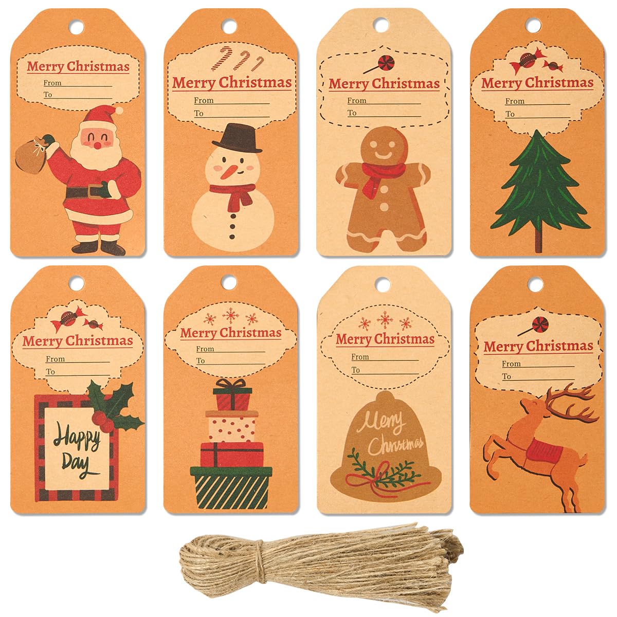 80pcs Christmas Kraft Gift Tags with Strings：Xmas Gift Labels 8 Festive Pattern for Gift Wrapping Party Decoration