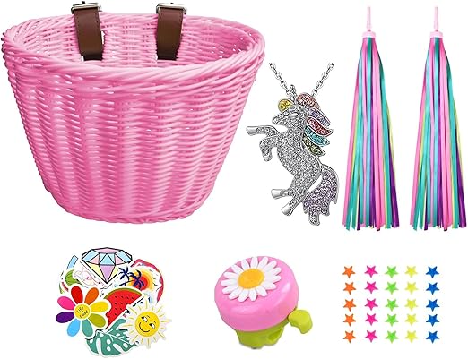 Kids Bike Basket, Wicker Handlebar Bicycle Basket for Girls With Unicorn Necklace, Bell, Streamers, Stickers Decoration Accessories Set