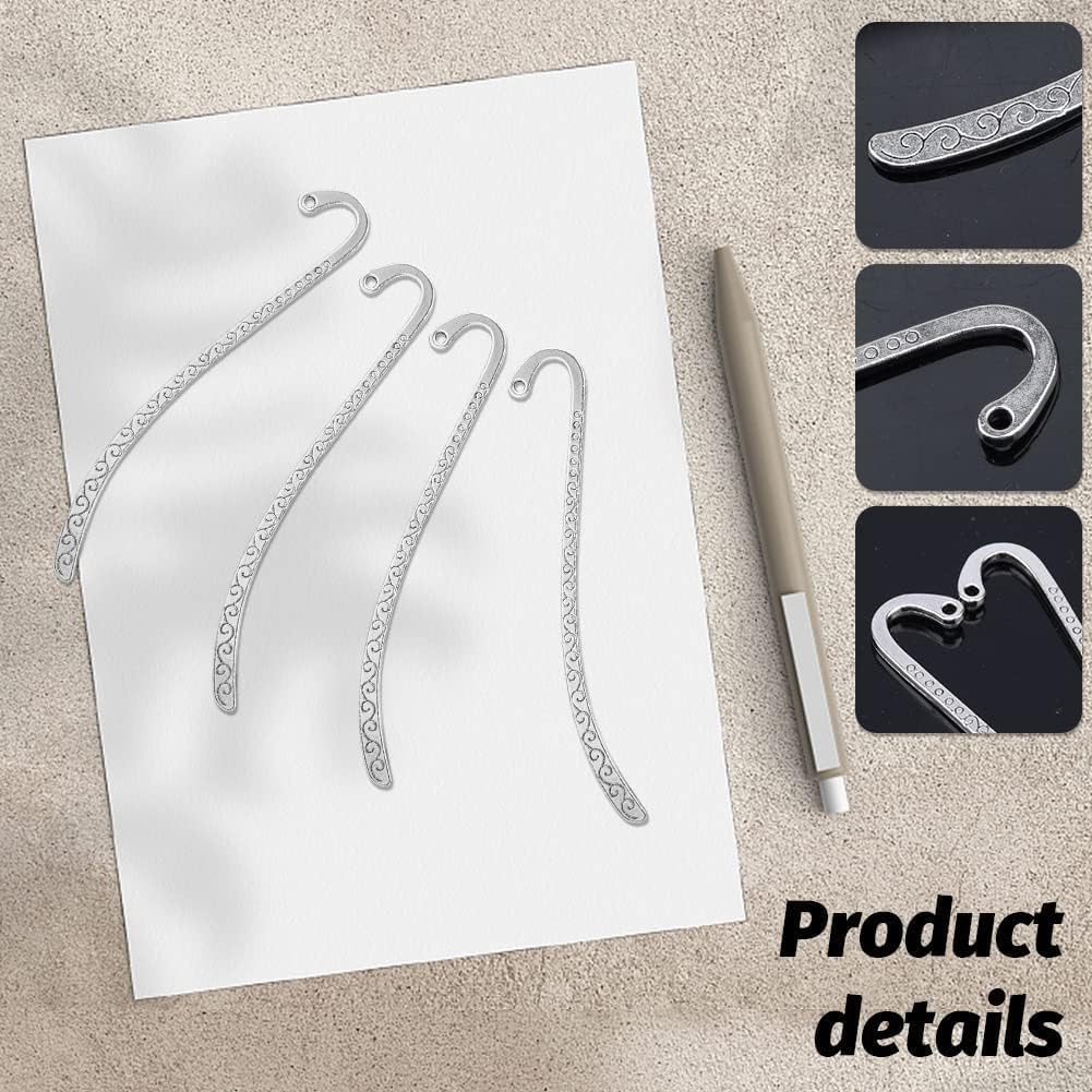 20 Pcs Metal Bookmark Hairpin Hook Antique Vintage Silver Carved Hook with Loop Metal Book Markers Embossed Bookmarks, Jewelry Making Charms - Image 3