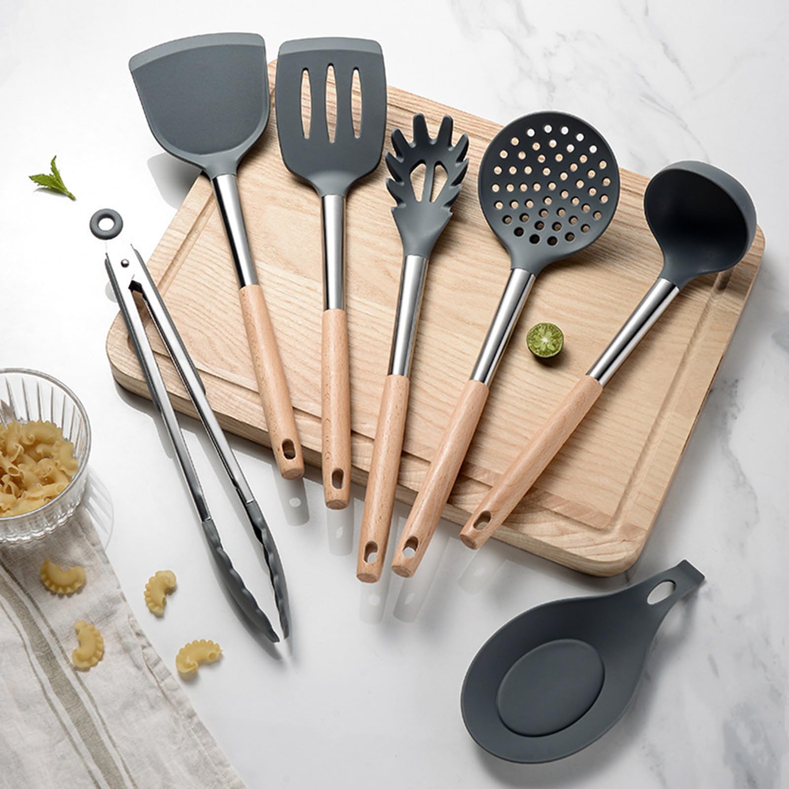 8 Stück Küchenhelfer Set, Silikon Küchenutensilien Set, Antihaft Hitzebeständiger Holzgriff Kochbesteck Mit Utensilienhalter, Silikonspatel Kochgeschirr Set, Spülmaschinengeeignet