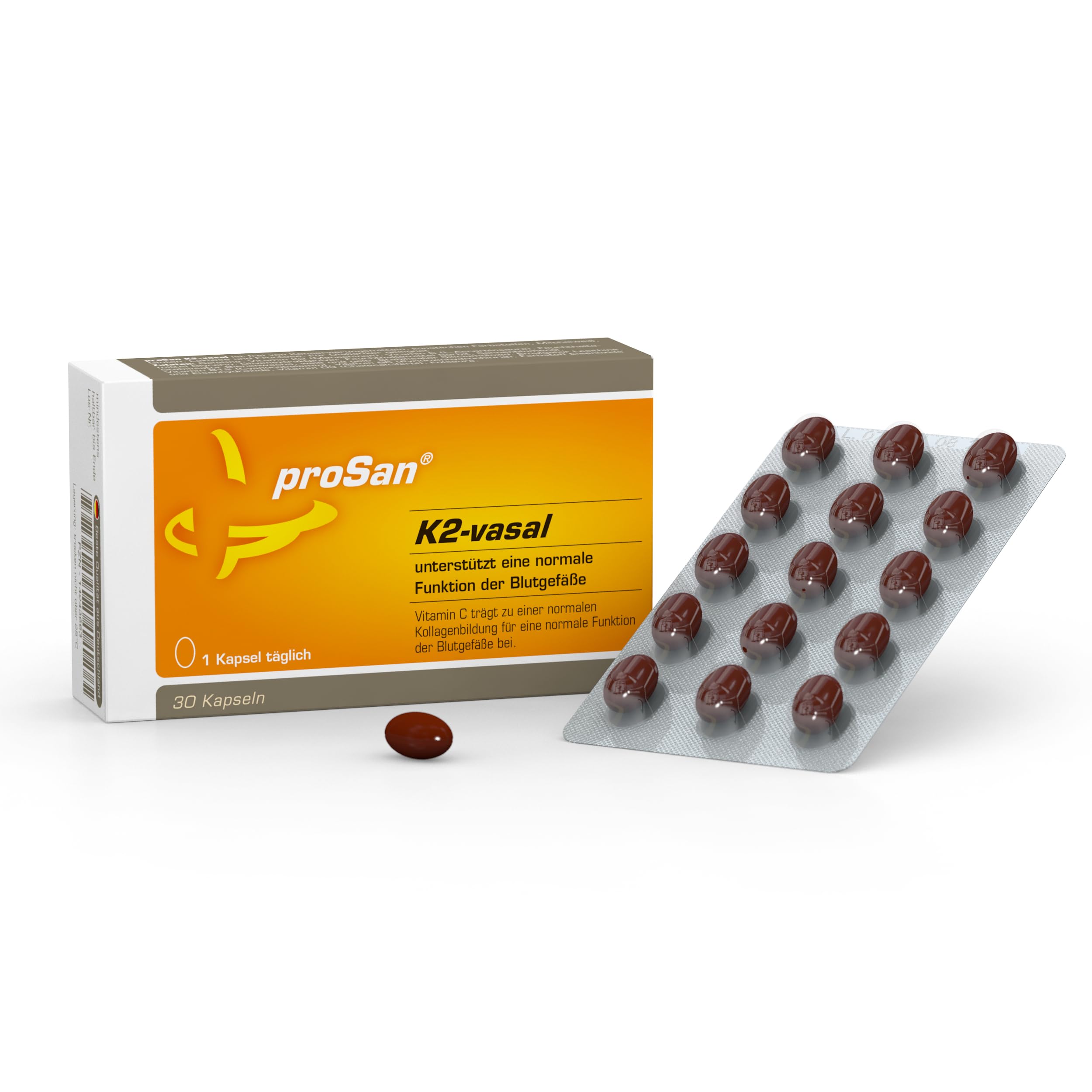 proSan K2-vasal (Monatspackung, 30 Kapseln) | 180 µg Vitamin K2, Vitamin C, Olivenöl-Polyphenole, Unterstützt Blutgefäße (Arterien) mit Vitamin C , Nur 1 Kapsel täglich