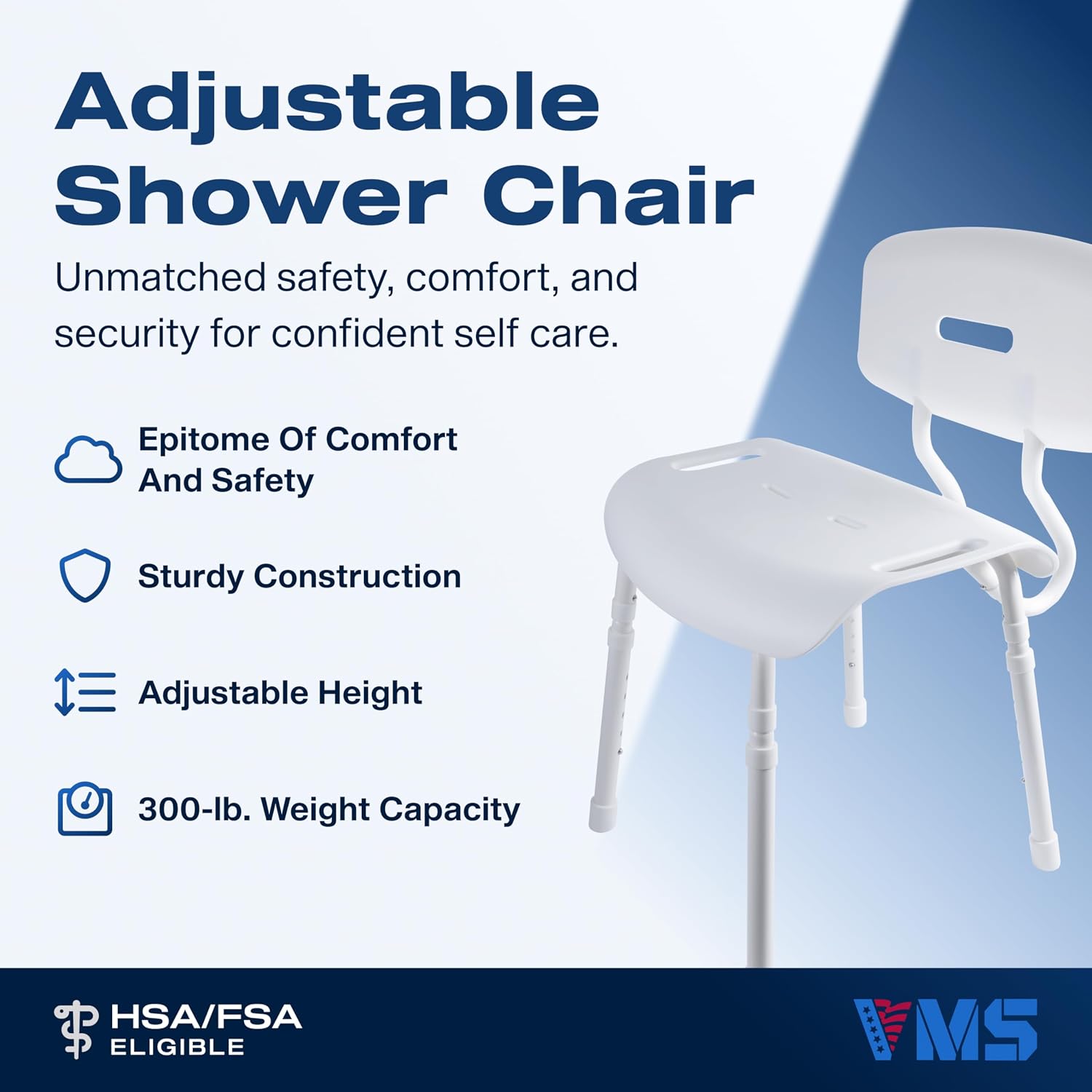 VMS Premium Adjustable Shower Chair - 300 lbs Capacity, White, Height Adjustable with 5 Settings, Tool-Free Assembly, TAA Compliant (White, Standard)